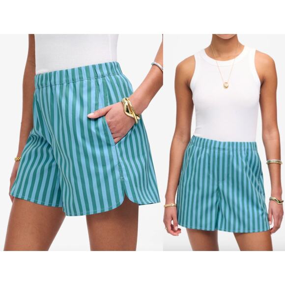 Madewell | Curved Hem Pull-On Shorts in Poplin in Bayside Stripe Cool Aqua Sz L - Picture 1 of 10